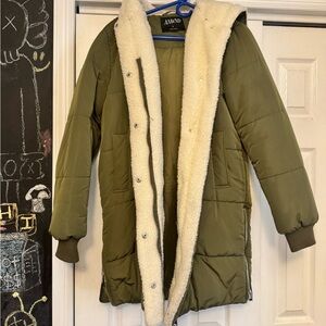Olive Green Puffer Coat with Cream Lining